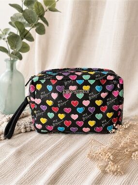 Vintage Betsey Johnson Heart Print Travel Bag | Double Zip Cosmetic Case
